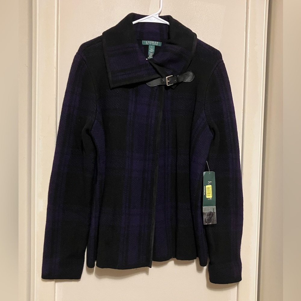 NEW Lauren Ralph Lauren Black Purple Plaid Buckle Latch Cardigan Lambswool L